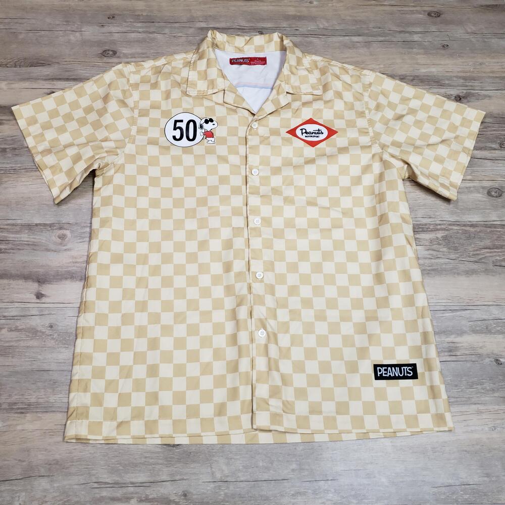 Peanuts Shirt Mens Large Beige Check Short Sleeve Button Up Snoopy Motorsport